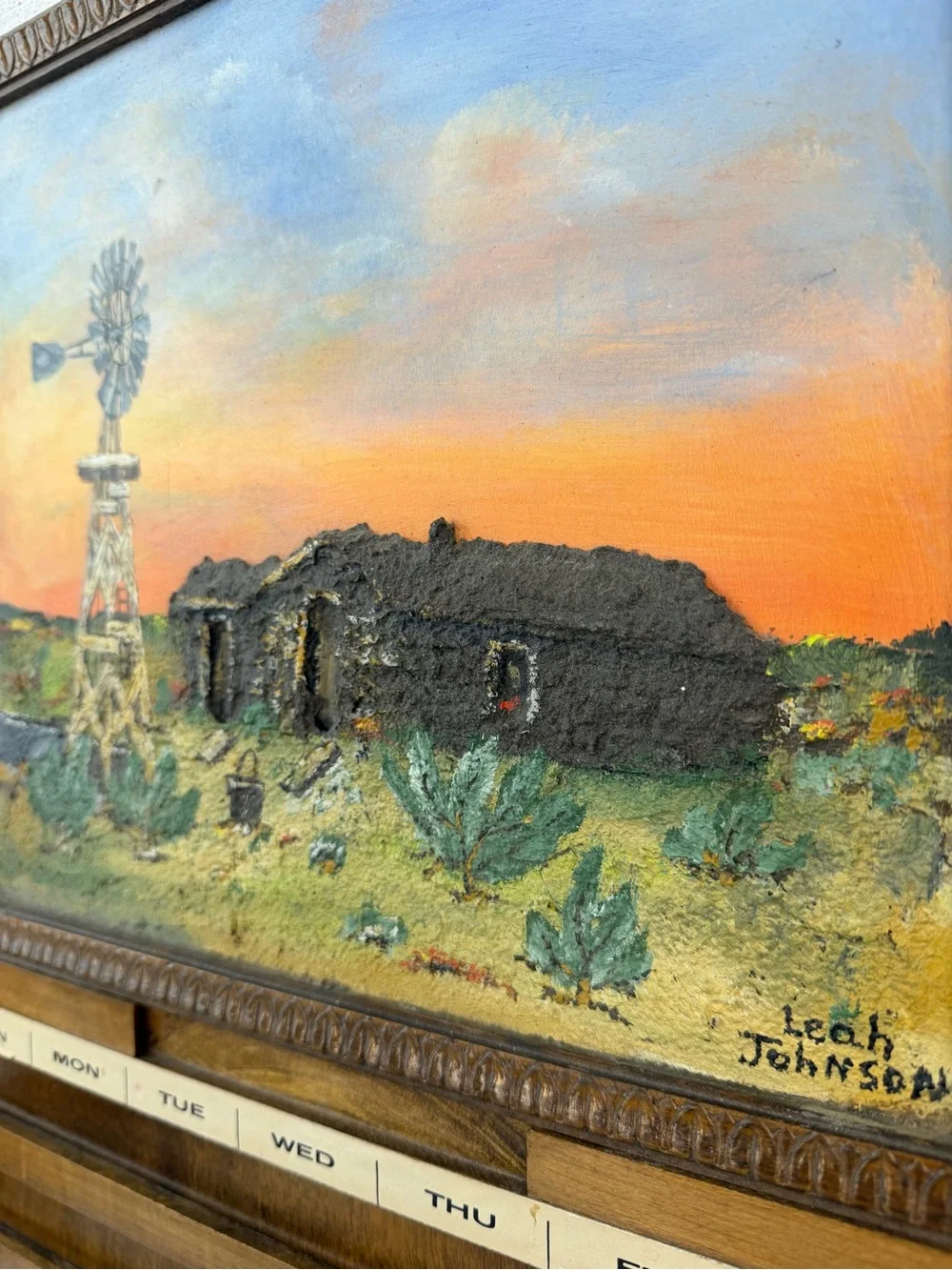 Vintage Wooden Perpetual Wall Calendar Complete Set Signed Windmill Oil Painting